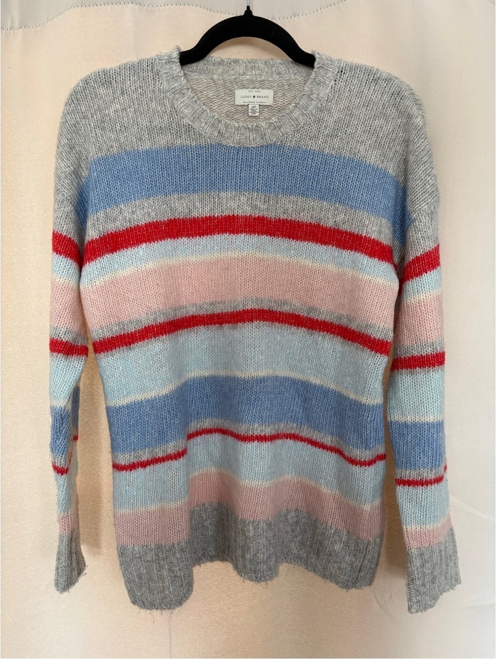 Lucky Brand Gray Crewneck Sweater with Blue, Pink & Red Stripes S